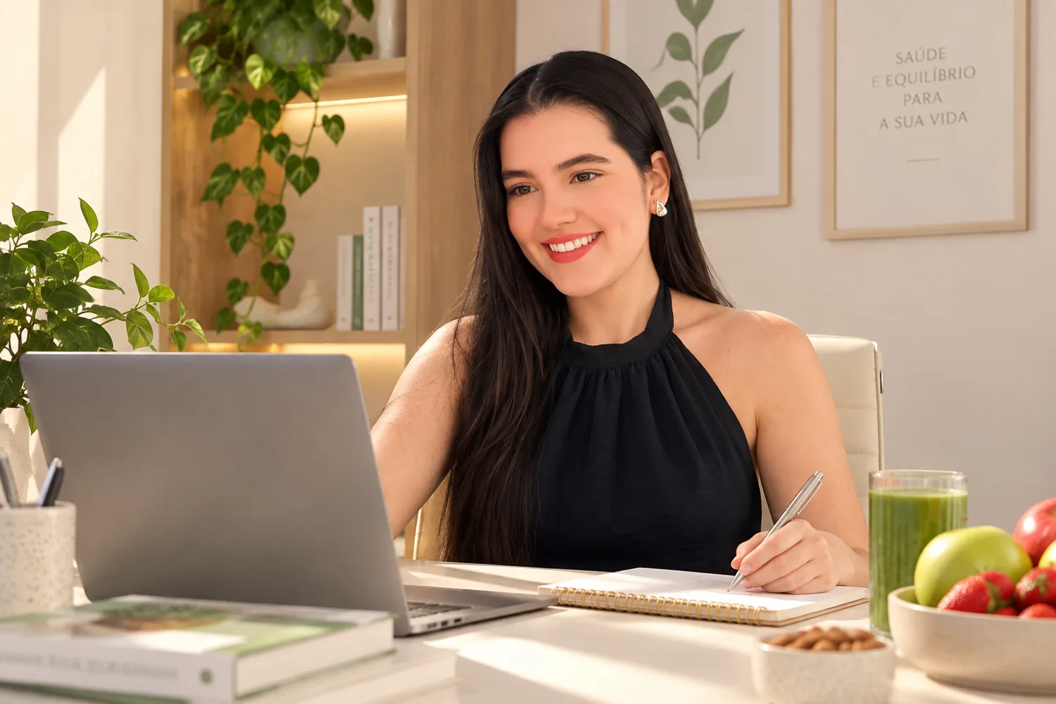 Ilustração de atendimento nutricional online em ambiente acolhedor